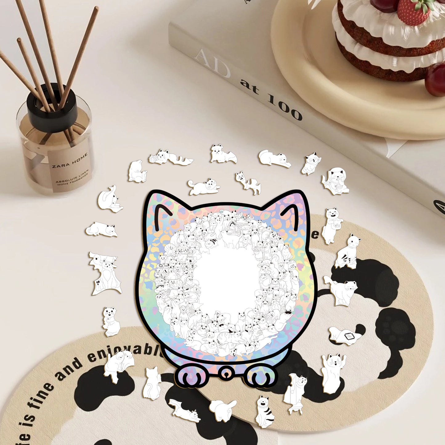 🎁49% OFF🎅135-Piece Morandi-Colored Cat Shaped Tray Wooden Jigsaw Puzzle